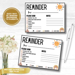 Reminder Note, Fillable Childcare Card,Daycare Mail, Note from Teacher, Daycare Supplies Printable, Letter to Parents, Teacher&#39;s Reminder