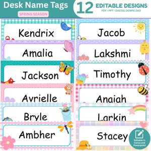 May include: A set of 12 editable desk name tags with spring-themed designs. Each tag features a name, decorative borders, and colorful illustrations of butterflies, birds, and other spring elements. The tags are available in PDF, PPT, and digital download formats.