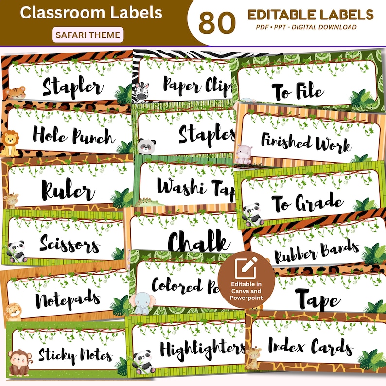 Safari Jungle Classroom Labels | Editable Animal Theme Decor (PDF PPT ...
