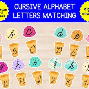 Imprimível de correspondência de letras, livro de atividades, escrita cursiva, letras maiúsculas e minúsculas, atividade para crianças pequenas, pré-escola e jardim de infância, cursiva