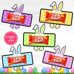 May include: Five printable Easter gift tags featuring a bunny holding a Kit Kat chocolate bar. The tags are available in five colors: purple, yellow, green, blue, and pink. The text on the tags reads: "Some bunny believes you need a break! From: "