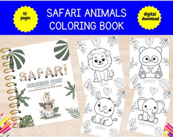 May include: A printable coloring book featuring safari animals. The cover shows a jungle scene with a title that reads "Safari! Coloring Book". The inside pages feature black and white illustrations of a lion, panda, rhino, and elephant.