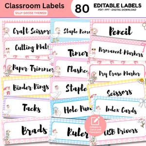 May include: A set of 80 editable classroom labels with a silly goose theme. The labels display school supply names in black text on pink, blue, and yellow backgrounds. Includes labels for scissors, pencils, and other stationery. Digital download.