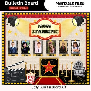 Könnte beinhalten: Ein Bulletin-Board-Set im Hollywood-Thema mit einem Schild mit der Aufschrift NOW STARRING, sechs Fotorahmen mit Namen, zwei Scheinwerfern, einem Filmstreifen-Rand, einer Filmklappe, einem Popcorn-Eimer, einem roten Teppich und einem goldenen Stern.