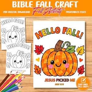 May include: A digital printable craft set featuring a pumpkin illustration with the text HELLO FALL and JESUS PICKED ME JOHN 15:16. The design includes a mosaic-style orange pumpkin with a smiling face, surrounded by colourful autumn leaves.