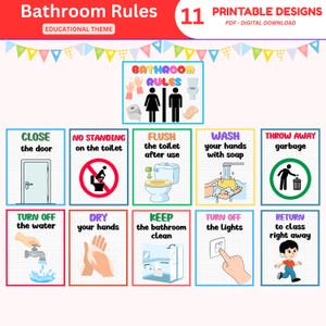 May include: A set of 11 printable bathroom rules with colorful borders and illustrations. The rules include instructions like "Close the door," "Wash your hands," and "Throw away garbage." The top banner reads "Bathroom Rules."