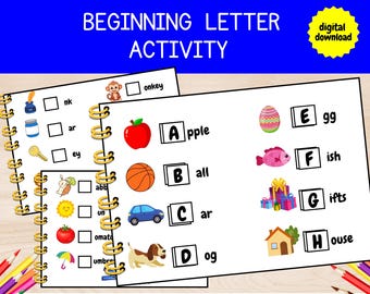 Utskrivbart spel med början ljud, fonetikaktivitet för förskola (digital nedladdning)