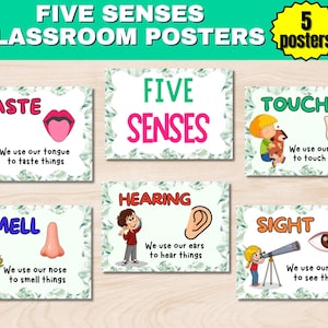 Les 5 sens affiches pour la classe de la garderie | Posters pour les classes de préscolaire et de maternelle | Décoration murale pour la classe | Cartes flash Five Senses