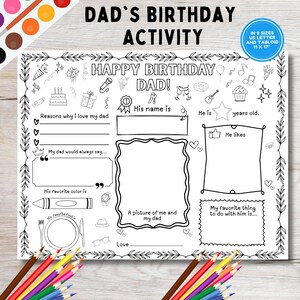 Gelukkige verjaardag papa kleurplaat | Placemat Happy Birthday Dad-activiteitenblad | Alles over papa Invulteksten | Fijne verjaardagskaart papa