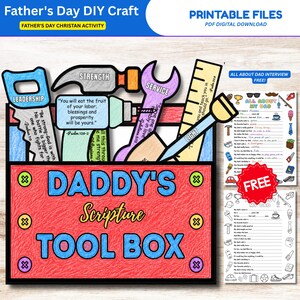 Könnte beinhalten: Ein farbenfrohes DIY-Bastelprojekt zum Vatertag mit einem Werkzeugkasten-Design mit den Werkzeugen "Führung", "Stärke" und "Service". Der Werkzeugkasten trägt den Text "Daddy's Scripture Tool Box". Enthält druckbare Interviewbögen. PDF-Digitaler Download.