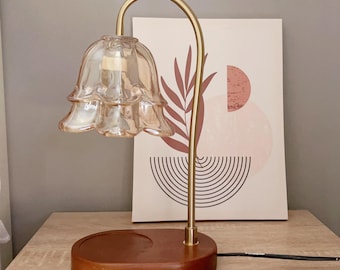 Candle Warmer Lamp with Dimmer | Electric Wax Melt Warmer, Walnut Wood Base, Flame Free Candle Lamp | Minimal Floral Design | AU Plug