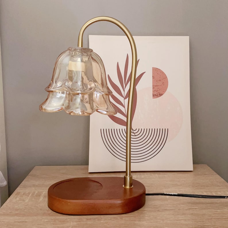 Lámpara de cera floral / Base de madera de nogal / Brillo ajustable