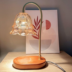 Floral Wax Melt Lamp, Walnut Wood Base, Adjustable Brightness