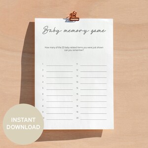 May include: A printable baby memory game with a white background and black text. The game asks "How many of the 20 baby related items you were just shown can you remember?" and has a numbered list from 1 to 20.