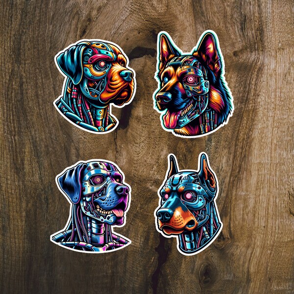 Holographic Cyborg Dog Sticker Futuristic Shepard, Mastiff, Doberman, Dane Terminator White Boarder Vinyl Dog Sticker Pack