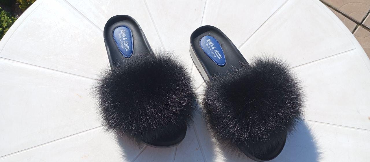 Black Real Fox Fur Sliders Real Fox Fur Furry Fluffy Sliders