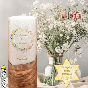 Hochwertige personalisierte Hochzeitskerze mit Holz "Frühlingsblumen Kranz"  Docht oder Teelicht.