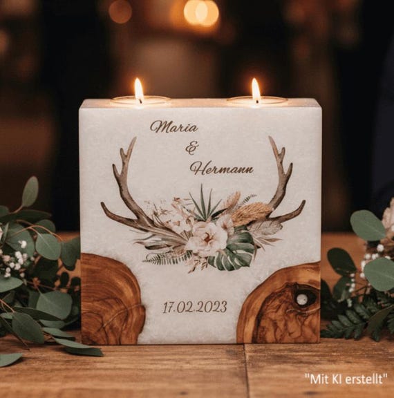 Individuelle eckige Hochzeitskerze mit echtem Holz 