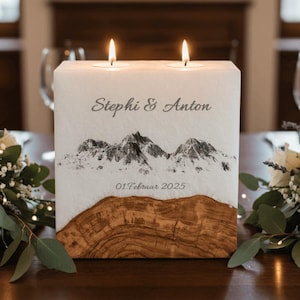 Individuelle eckige Hochzeitskerze mit echtem Holz "Berge" mit Teelicht.