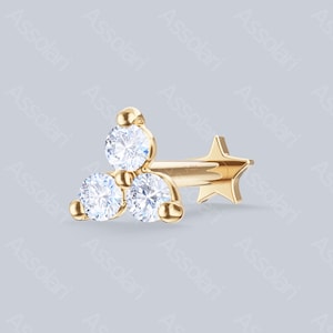 Flat Back Earrings | 14k Gold Tiny Trinity Moissanite Threaded Flatback Earrings | Flat Back Tragus Earring, Helix Earring, Conch Earring