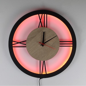 Roman Numerals LED Wall Clock Silent Wooden Wall Clock Elegant Decor Retro Vintage Decor RGB and Bluetooth Remote Lighting Wall Clocks