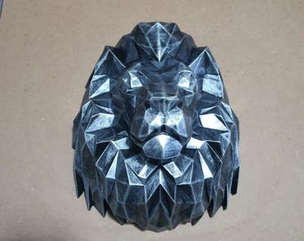 Arte de pared de león cúbico, decoración de pared con cabeza de león y letrero, colgante de pared de león 3D, decoración de pared con cabeza de león falsa