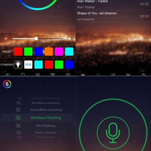 May include: A mobile phone screen displaying a music player app with a green circle and microphone icon. The app has a color wheel and a slider to adjust the speed of the light effects. The music player shows a list of songs with song titles and artists, including "Ava Max - Salt", "Alan Walker - Faded", and "Shape of You - ed sheeran".