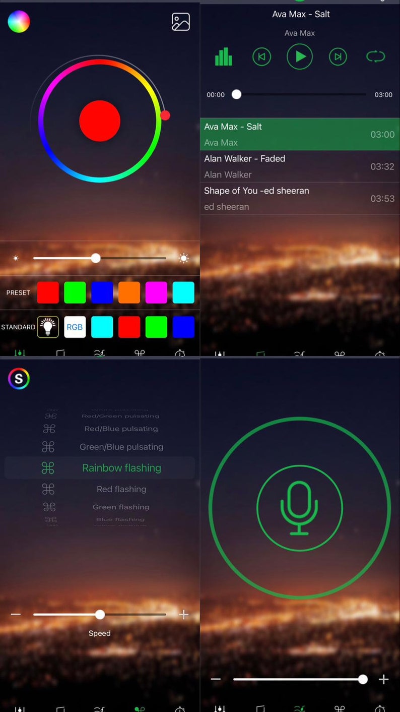 May include: A mobile phone screen displaying a music player app with a green circle and microphone icon. The app has a color wheel and a slider to adjust the speed of the light effects. The music player shows a list of songs with song titles and artists, including "Ava Max - Salt", "Alan Walker - Faded", and "Shape of You - ed sheeran".