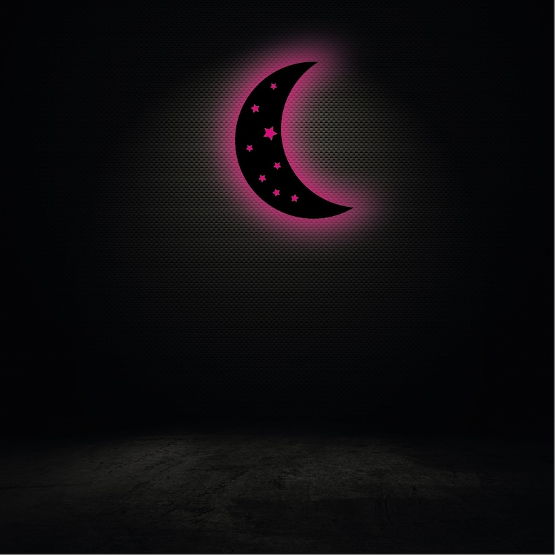 May include: A pink neon crescent moon with small white stars on a black background.