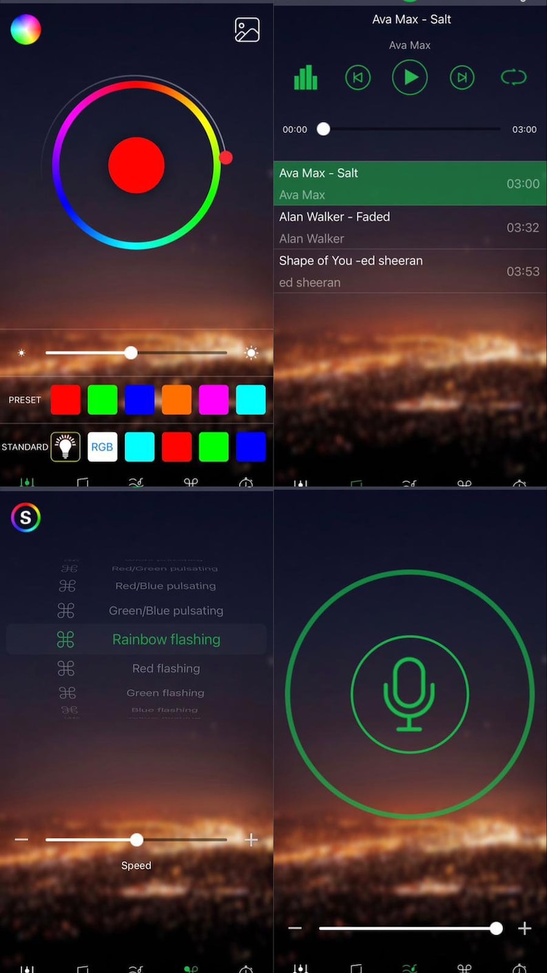 May include: A smartphone screen displaying a music player app with a green circle and microphone icon. The app has a color wheel, a slider for speed, and a list of songs with song titles and artists, including "Ava Max - Salt", "Alan Walker - Faded", and "Shape of You - ed sheeran".
