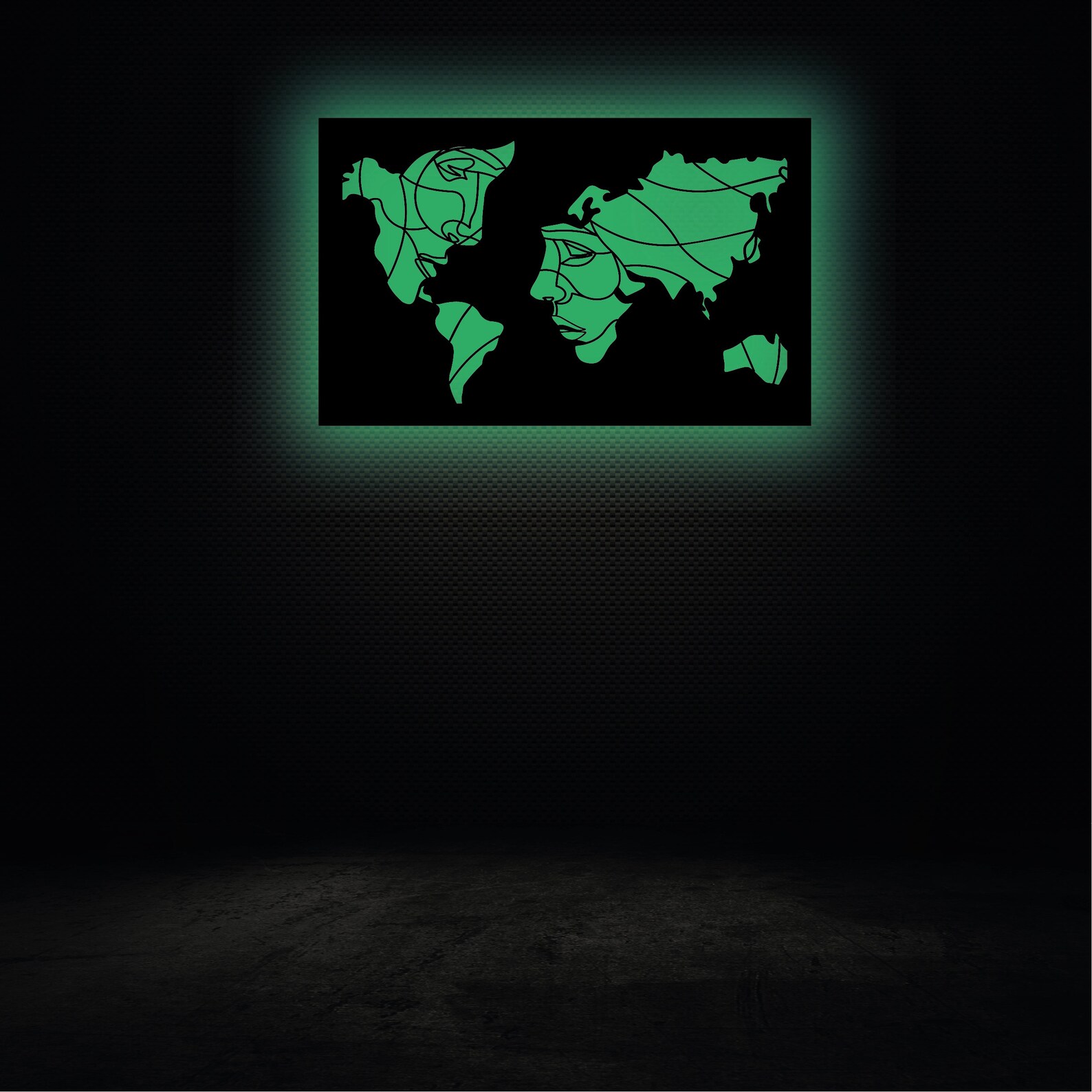 Faces of World Map Line Drawing Led Sign Illuminated Maps Wall Art ...