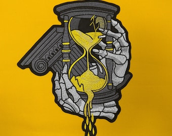 Embroidered Gothic Time Patch: Skeleton Hand Hourglass Large Jacket Back Patch