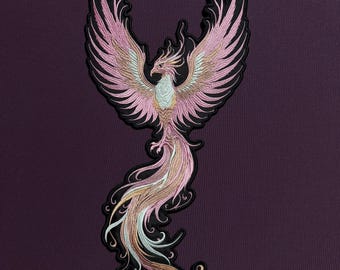 Embroidered Phoenix Patch: Pink Bird Art Iron-On Large Back Patch