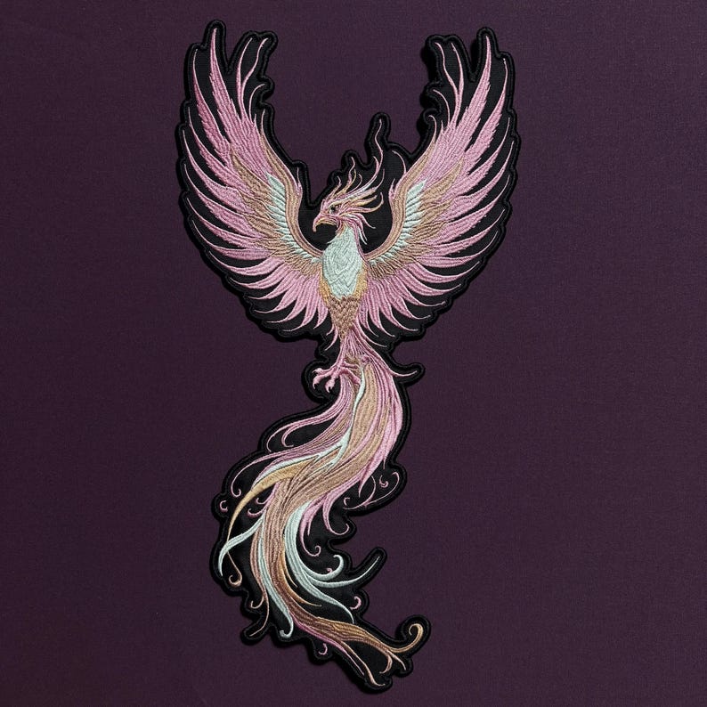 Embroidered Phoenix Patch: Pink Bird Art Iron-On Large Back Patch