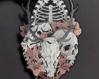 Embroidered Skull Patch: Gothic Ribs Cage Skulls Iron-On Large Back Patch