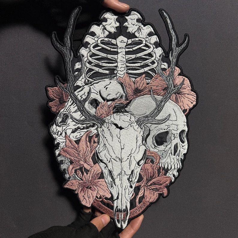 Embroidered Skull Patch: Gothic Ribs Cage Skulls Iron-On Large Back Patch