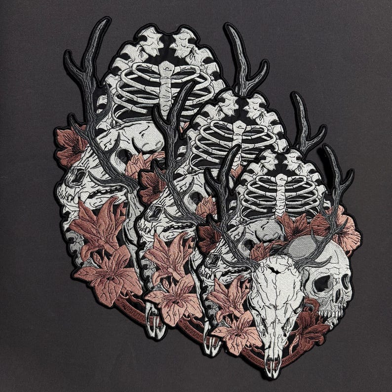 Embroidered Skull Patch: Gothic Ribs Cage Skulls Iron-On Large Back Patch