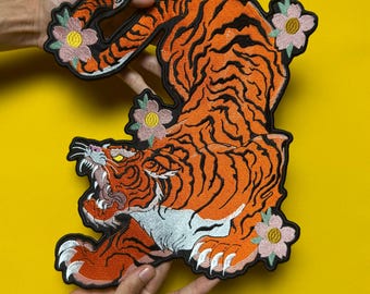Embroidered Tiger & Roses Back Patch: Iron-On Jacket Applique