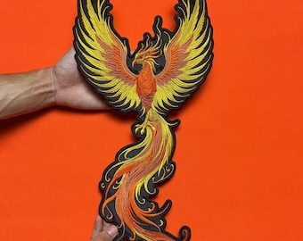 Toppa ricamata a forma di fenice: grande toppa posteriore termoadesiva con uccello di fuoco