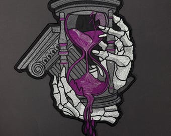 Embroidered Gothic Time Patch: Skeleton Hand Hourglass Large Jacket Back Patch
