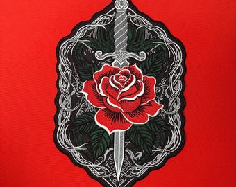 Embroidered Rose Dagger Patch: Iron-On Large Back Patch