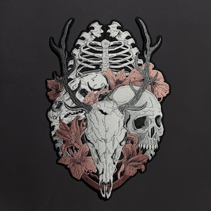 Embroidered Skull Patch: Gothic Ribs Cage Skulls Iron-On Large Back Patch