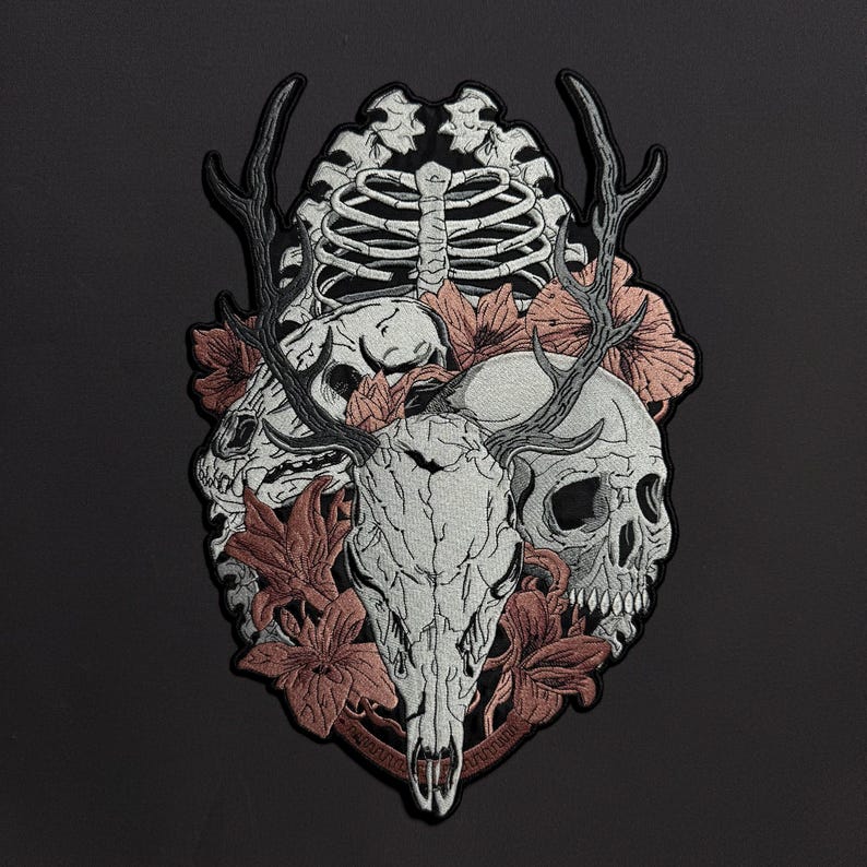 Embroidered Skull Patch: Gothic Ribs Cage Skulls Iron-On Large Back Patch