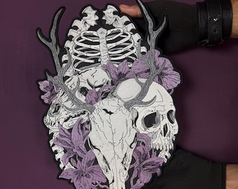 Embroidered Skull Patch: Gothic Ribs Cage Skulls Iron-On Large Back Patch