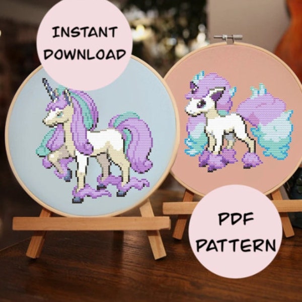 Pokemon Galarian Rapidash and Ponyta Cross Stitch Pattern Instant Download