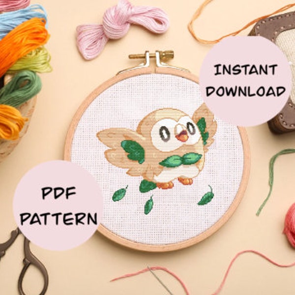Pokemon Rowlet Cross Stitch Pattern Instant Download