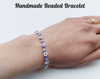 Handgemaakte kralen bloem armband, aangepaste armband, blauwe bloemen armband, cadeau voor haar, verjaardagscadeau