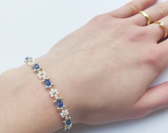 Beaded Bracelet, Handmade Beaded Bracelet, Custom Bracelet, Blue Floral Bracelet, Gift for Her, Birthday Gift