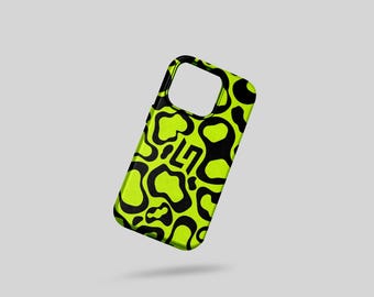 May include: A neon green phone case with a black abstract pattern. The case has a glossy finish and a cutout for the camera. The design includes the letters "LG" in a stylized font.