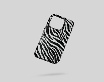 May include: A rectangular mobile phone case featuring a high-contrast black and white zebra stripe pattern. The case includes a large, square-shaped cutout at the top corner for a camera module and has rounded corners along the outer edges.